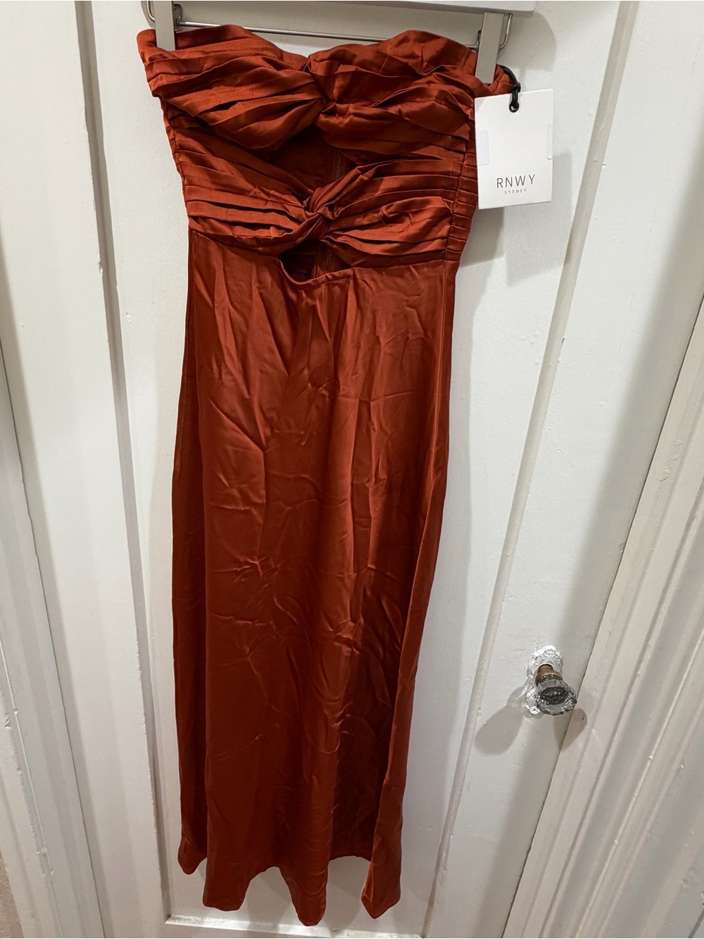 RNWY Rust Strapless Satin Twist-Front Dress